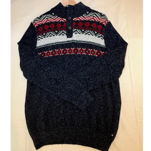 Chaps Other - Chaps Mens Fair Isle Quarter Button Mock Neck Sweater Gray Red Size Medium